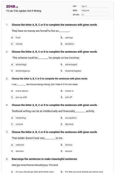 15 câu  Trắc nghiệm Unit 9 Writing