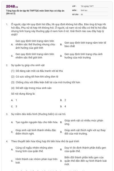 Tổng hợp đề ôn tập thi THPTQG môn Sinh Học có đáp án (Đề số 3)