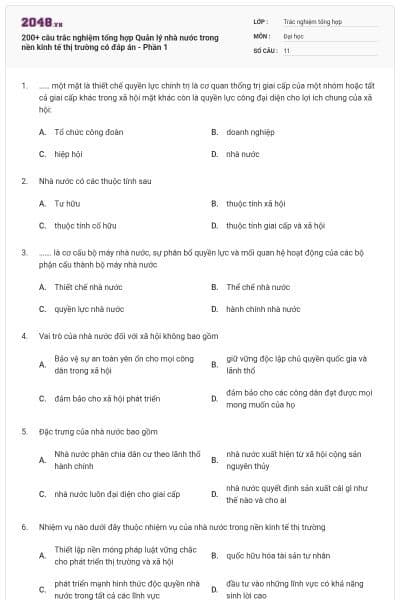 200+ câu trắc nghiệm tổng hợp Quản lý nhà nước trong nền kinh tế thị trường có đáp án - Phần 1