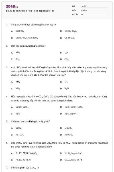 Bộ 30 đề thi học kì 1 Hóa 11 có đáp án (Đề 14)
