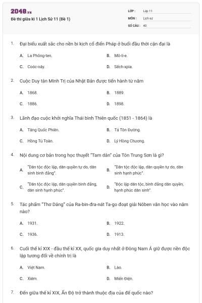 Đề thi giữa kì 1 Lịch Sử 11 (Đề 1)