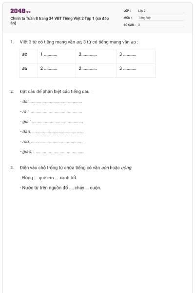 Chính tả Tuần 8 trang 34 VBT Tiếng Việt 2 Tập 1 (có đáp án)