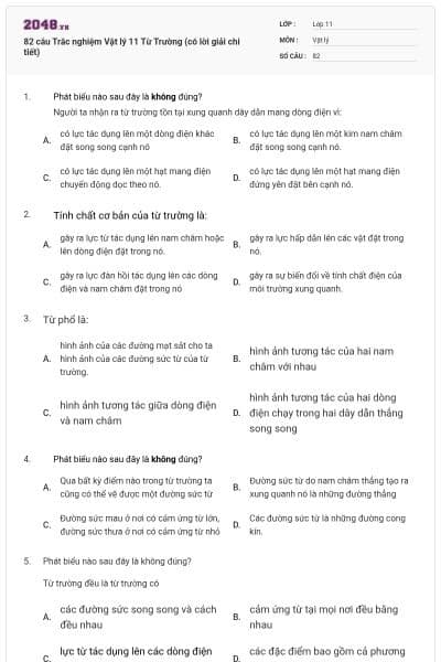 82 câu  Trắc nghiệm Vật lý 11 Từ Trường (có lời giải chi tiết)