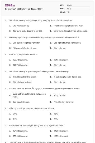 Đề kiểm tra 1 tiết Địa Lí 11 có đáp án (Đề 31)