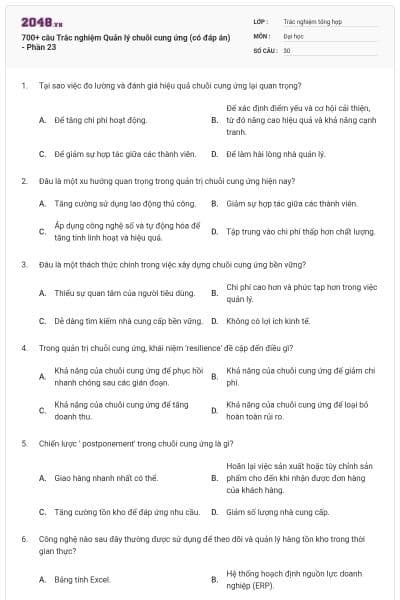 700+ câu Trắc nghiệm Quản lý chuỗi cung ứng (có đáp án) - Phần 23