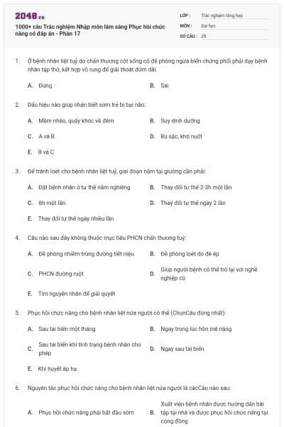 1000+ câu Trắc nghiệm Nhập môn lâm sàng Phục hồi chức năng có đáp án - Phần 17