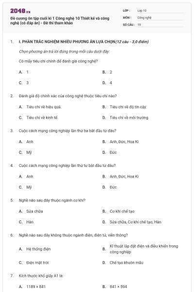 Đề cương ôn tập cuối kì 1 Công nghệ 10 Thiết kế và công nghệ (có đáp án) - Đề thi tham khảo