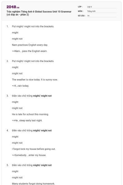Trắc nghiệm Tiếng Anh 6 Global Success Unit 10 Grammar (có đáp án - phần 2)