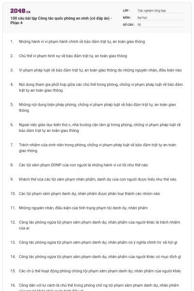 100 câu bài tập Công tác quốc phòng an ninh (có đáp án) - Phần 4