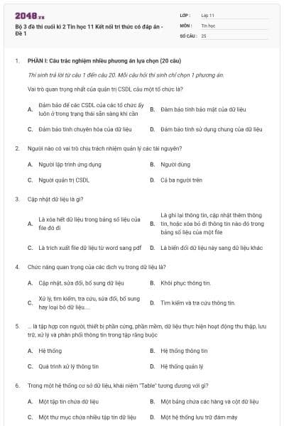 Bộ 3 đề thi cuối kì 2 Tin học 11 Kết nối tri thức có đáp án - Đề 1