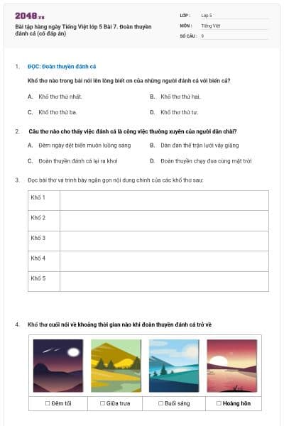 Bài tập hàng ngày Tiếng Việt lớp 5 Bài 7. Đoàn thuyền đánh cá (có đáp án)