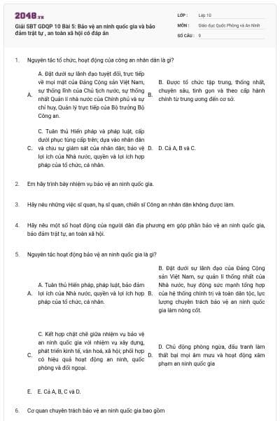 Giải SBT GDQP 10 Bài 5: Bảo vệ an ninh quốc gia và bảo đảm trật tự , an toàn xã hội có đáp án
