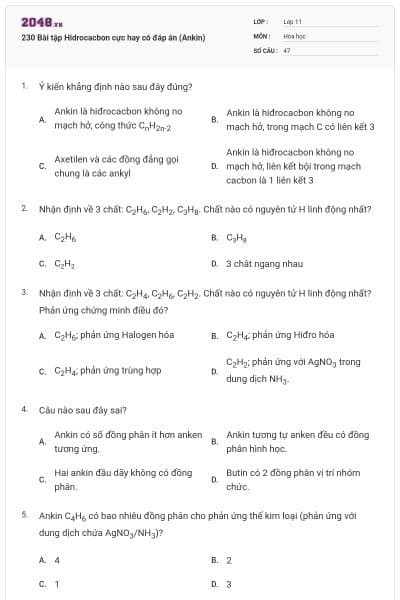 230 Bài tập Hidrocacbon cực hay có đáp án (Ankin)