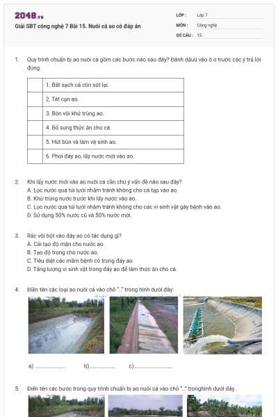 Giải SBT công nghệ 7 Bài 15. Nuôi cá ao có đáp án