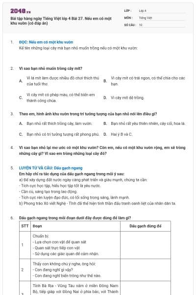 Bài tập hàng ngày Tiếng Việt lớp 4 Bài 27. Nếu em có một khu vườn (có đáp án)