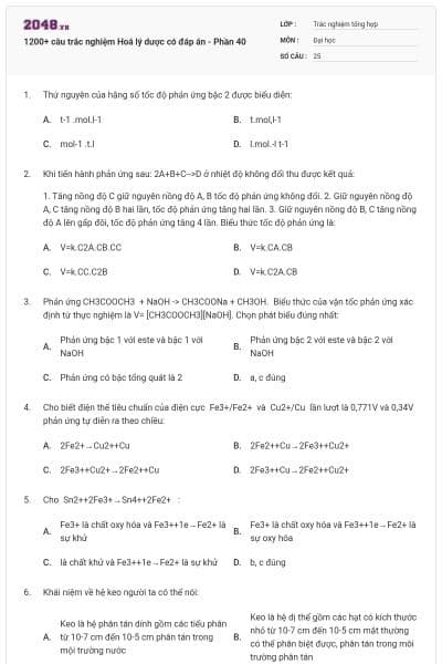 1200+ câu trắc nghiệm Hoá lý dược có đáp án - Phần 40