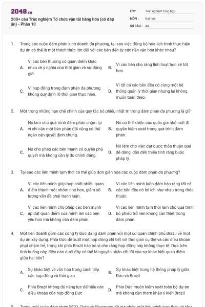 200+ câu Trắc nghiệm Tổ chức vận tải hàng hóa (có đáp án) - Phần 10