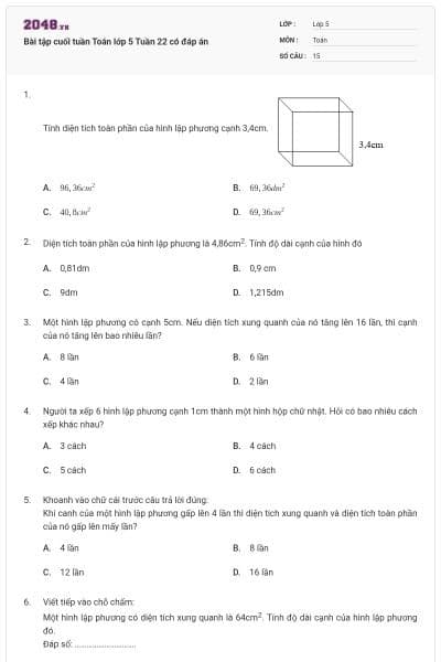 Bài tập cuối tuần Toán lớp 5 Tuần 22 có đáp án