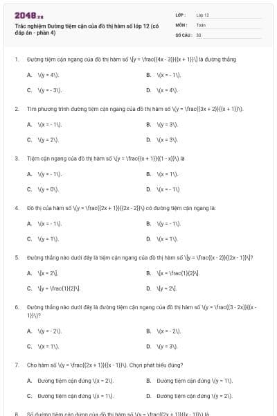Trắc nghiệm Đường tiệm cận của đồ thị hàm số lớp 12 (có đáp án - phần 4)