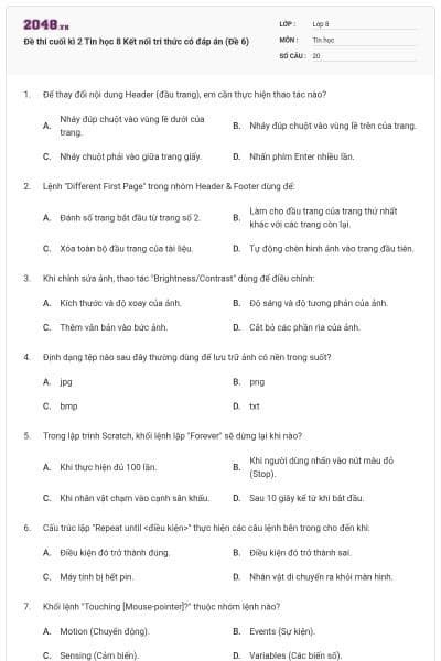 Đề thi cuối kì 2 Tin học 8 Kết nối tri thức có đáp án (Đề 6)