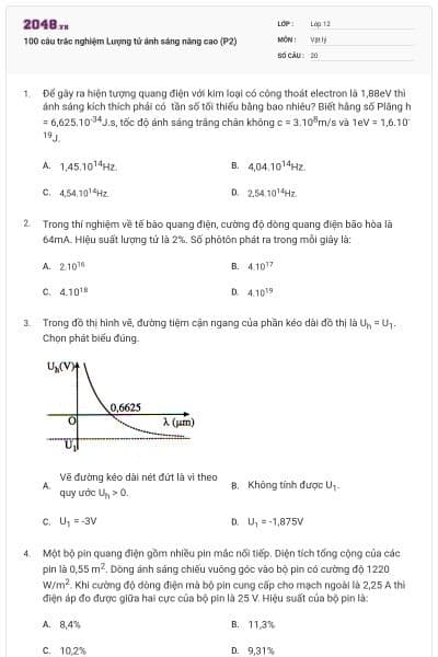 100 câu trắc nghiệm Lượng tử ánh sáng nâng cao (P2)