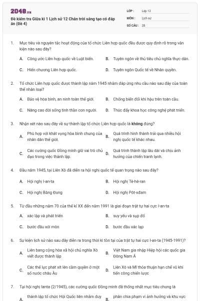 Đề kiểm tra Giữa kì 1 Lịch sử 12 Chân trời sáng tạo có đáp án (Đề 4)