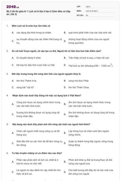 Bộ 3 đề thi giữa kì 1 Lịch sử & Địa lí lớp 6 Cánh diều có đáp án ( Đề 3)