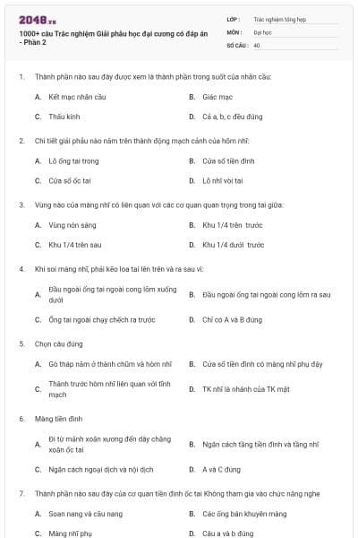 1000+ câu Trắc nghiệm Giải phẫu học đại cương có đáp án - Phần 2