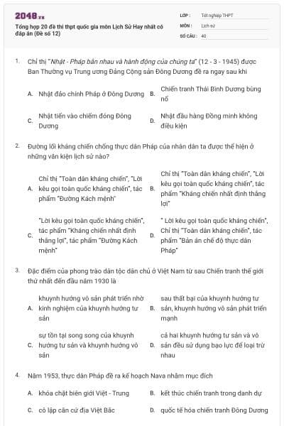 Tổng hợp 20 đề thi thpt quốc gia môn Lịch Sử Hay nhất có đáp án (Đề số 12)
