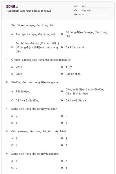 Trắc nghiệm Công nghệ 8 Bài 50 có đáp án