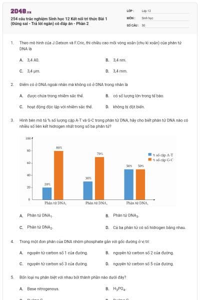 254 câu trắc nghiệm Sinh học 12 Kết nối tri thức Bài 1 (Đúng sai - Trả lời ngắn) có đáp án - Phần 2