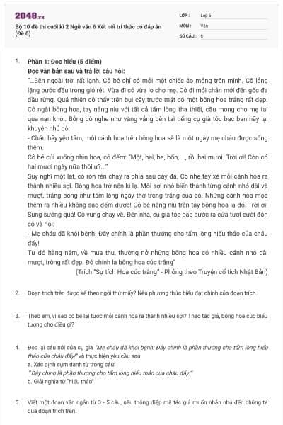 Bộ 10 đề thi cuối kì 2 Ngữ văn 6 Kết nối tri thức có đáp án (Đề 6)