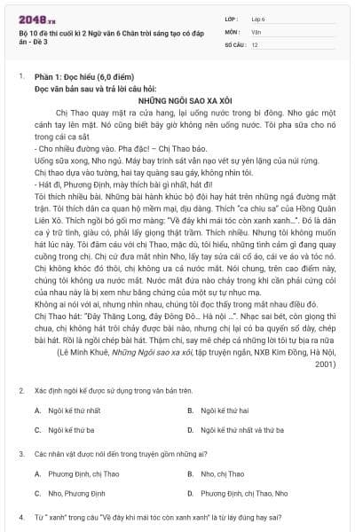 Bộ 10 đề thi cuối kì 2 Ngữ văn 6 Chân trời sáng tạo có đáp án - Đề 3