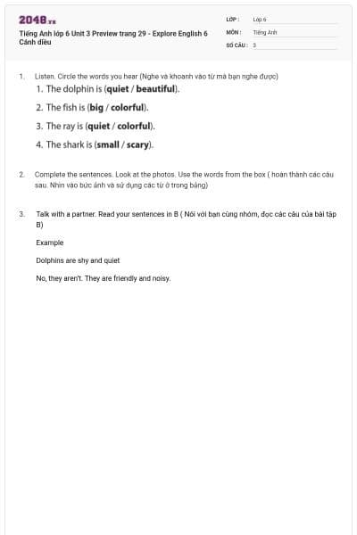 Tiếng Anh lớp 6 Unit 3 Preview trang 29 - Explore English 6 Cánh diều