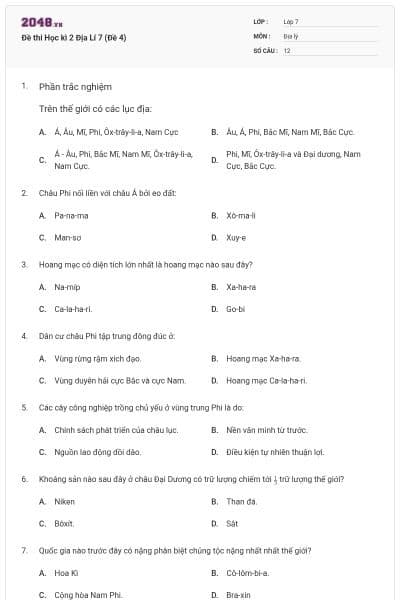 Đề thi Học kì 2 Địa Lí 7 (Đề 4)