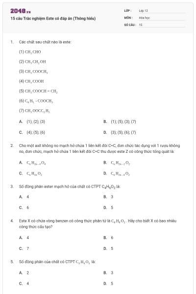 15 câu Trắc nghiệm Este có đáp án (Thông hiểu)