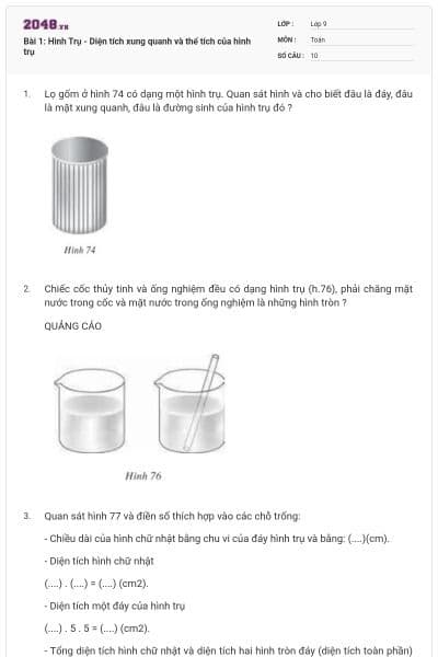 Bài 1: Hình Trụ - Diện tích xung quanh và thể tích của hình trụ