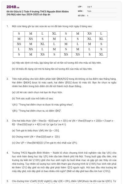 Đề thi Giữa kì 2 Toán 9 trường THCS Nguyễn Bỉnh Khiêm (Hà Nội) năm học 2024-2025 có đáp án