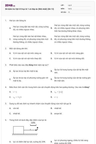 Đề kiểm tra Vật lí 8 học kì 1 có đáp án (Mới nhất) (Đề 13)