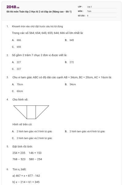 Đề thi môn Toán lớp 2 Học kì 2 có đáp án (Nâng cao - Đề 1)