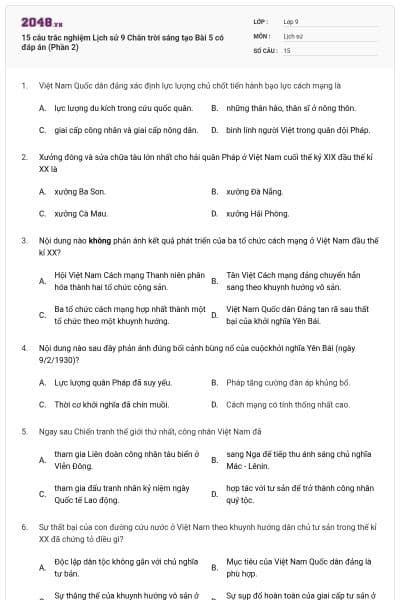 15 câu trắc nghiệm Lịch sử 9 Chân trời sáng tạo Bài 5 có đáp án (Phần 2)