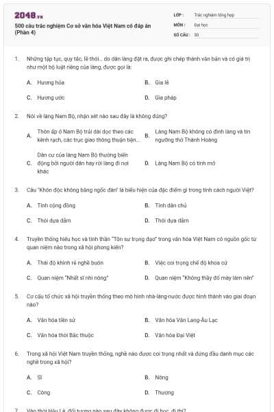 500 câu trắc nghiệm Cơ sở văn hóa Việt Nam có đáp án (Phần 4)
