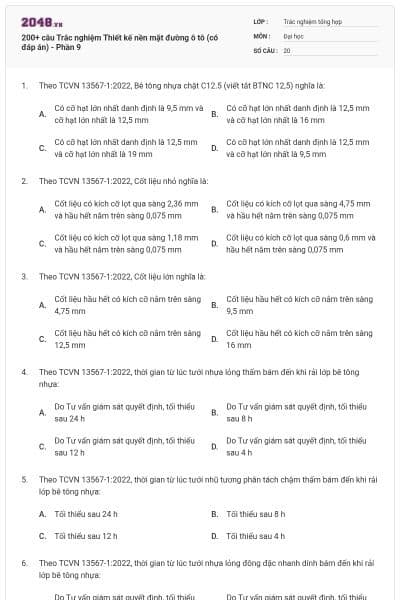 200+ câu Trắc nghiệm Thiết kế nền mặt đường ô tô (có đáp án) - Phần 9