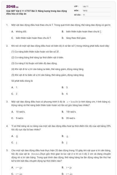 Giải SBT Vật lí 11 CTST Bài 3: Năng lượng trong dao động điều hòa có đáp án