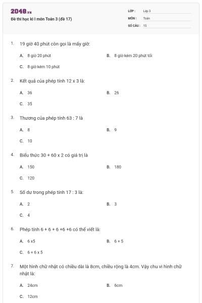 Đề thi học kì I môn Toán 3 (đề 17)