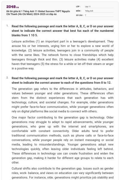 Đề thi giữa kì 1 Tiếng Anh 11 Global Success THPT Nguyễn Chí Thanh (Hồ Chí Minh) 2024-2025 có đáp án