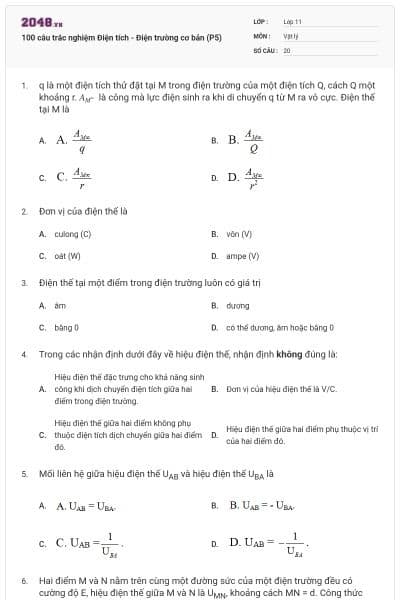 100 câu trắc nghiệm Điện tích - Điện trường cơ bản (P5)