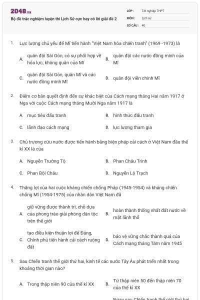 Bộ đề trắc nghiệm luyện thi Lịch Sử cực hay có lời giải đề 2