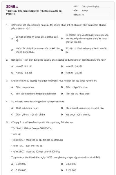 1000+ câu Trắc nghiệm Nguyên lý kế toán (có đáp án) - Phần 15