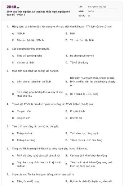 500+ câu Trắc nghiệm An toàn sức khỏe nghề nghiệp (có đáp án) - Phần 1